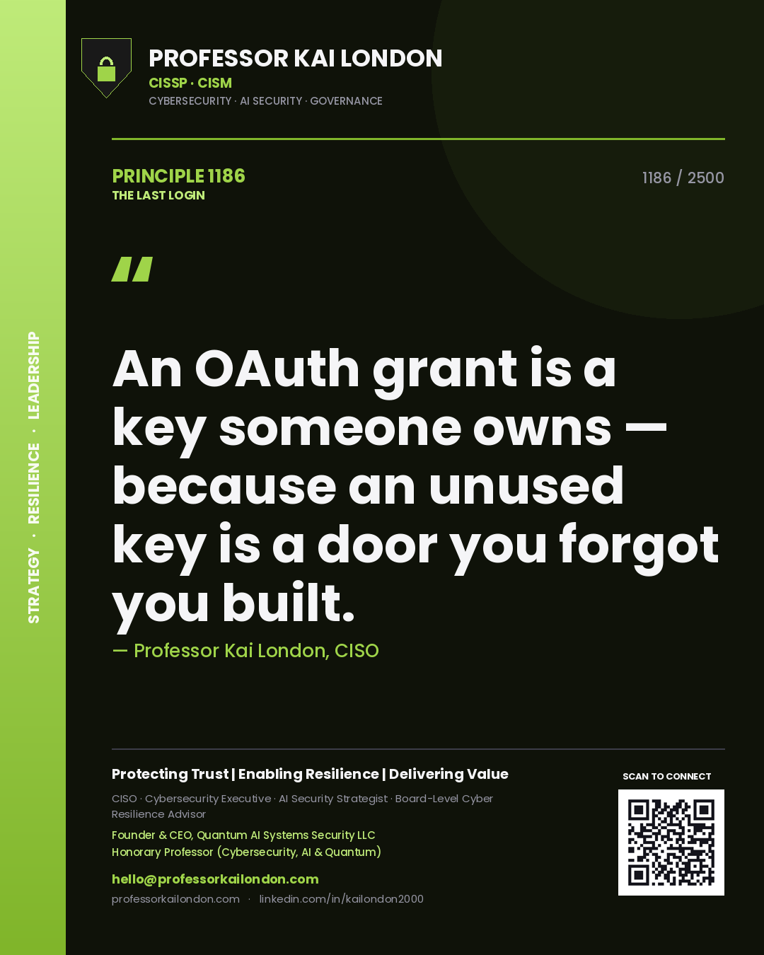 Quote card by Professor Kai London reading 'An OAuth grant is a key someone owns — because an unused key is a door you forgot you built.'. From the book The Last Login.