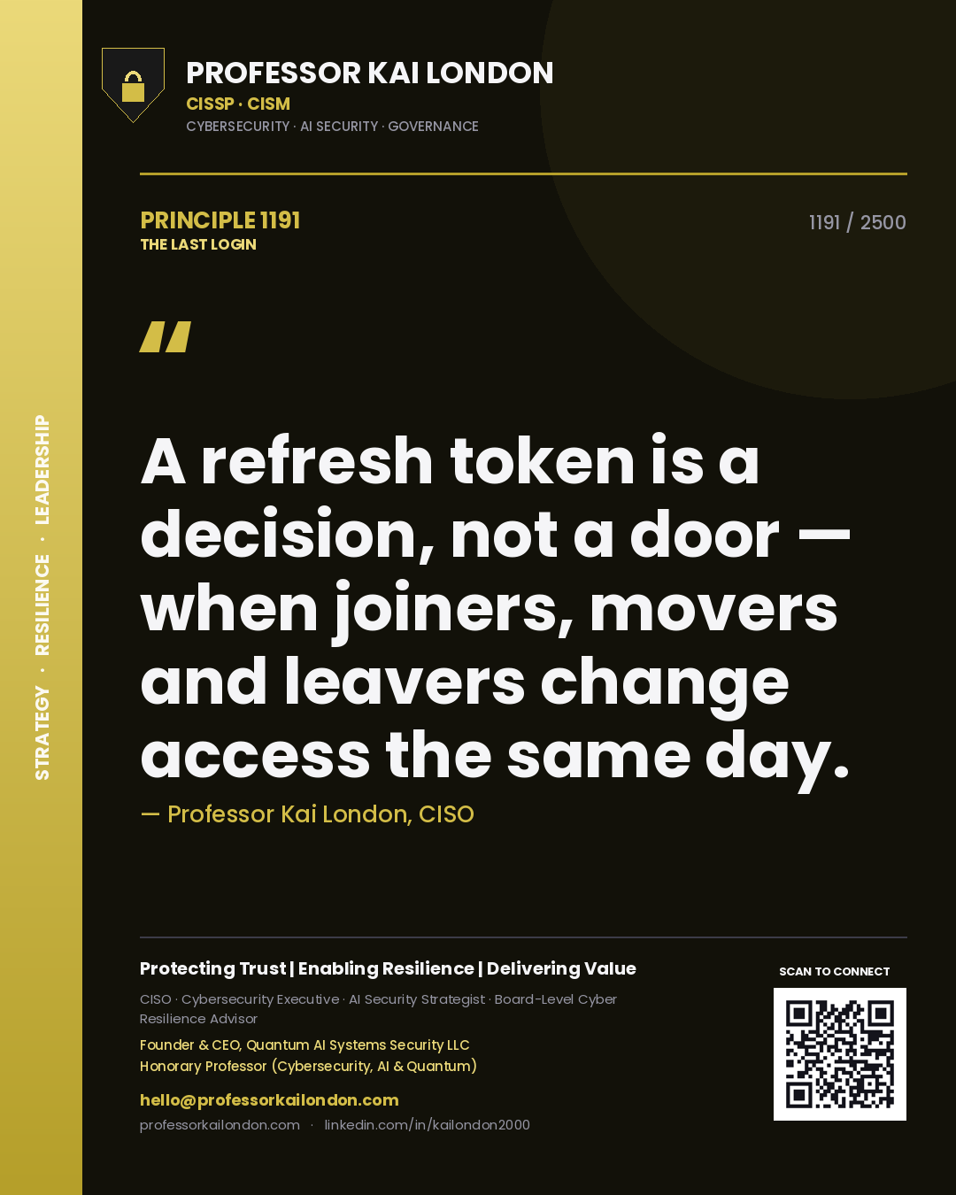 Quote card by Professor Kai London reading 'A refresh token is a decision, not a door — when joiners, movers and leavers change access the same day.'. From the book The Last Login.