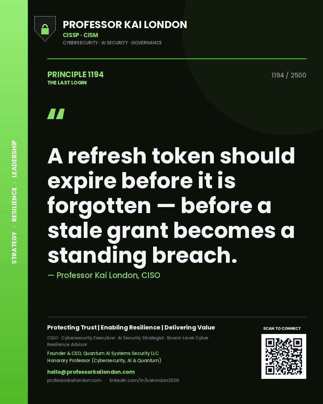 Quote card by Professor Kai London reading 'A refresh token should expire before it is forgotten — before a stale grant becomes a standing breach.'. From the book The Last Login.