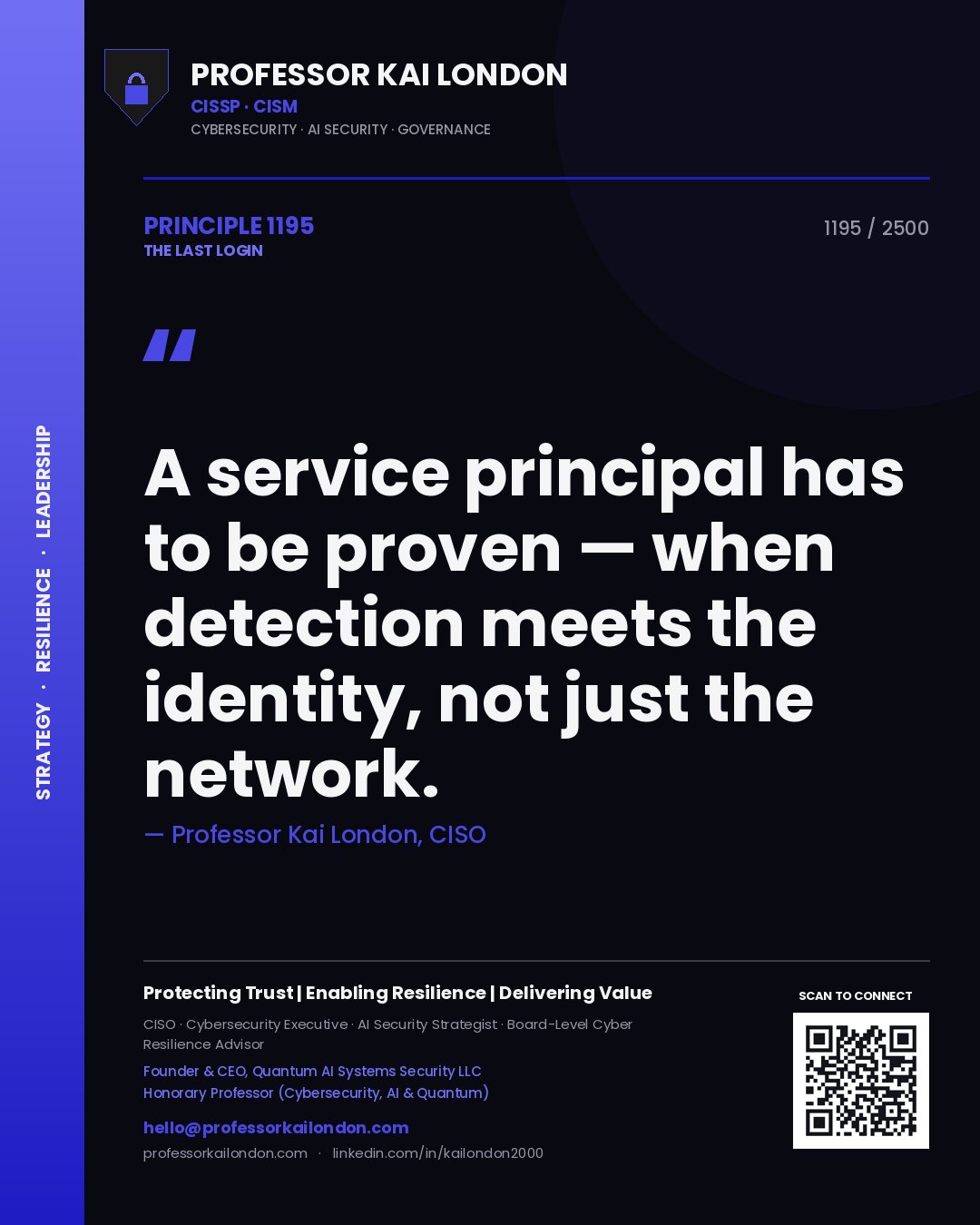 Quote card by Professor Kai London reading 'A service principal has to be proven — when detection meets the identity, not just the network.'. From the book The Last Login.
