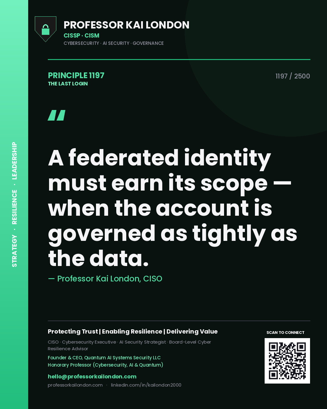 Quote card by Professor Kai London reading 'A federated identity must earn its scope — when the account is governed as tightly as the data.'. From the book The Last Login.