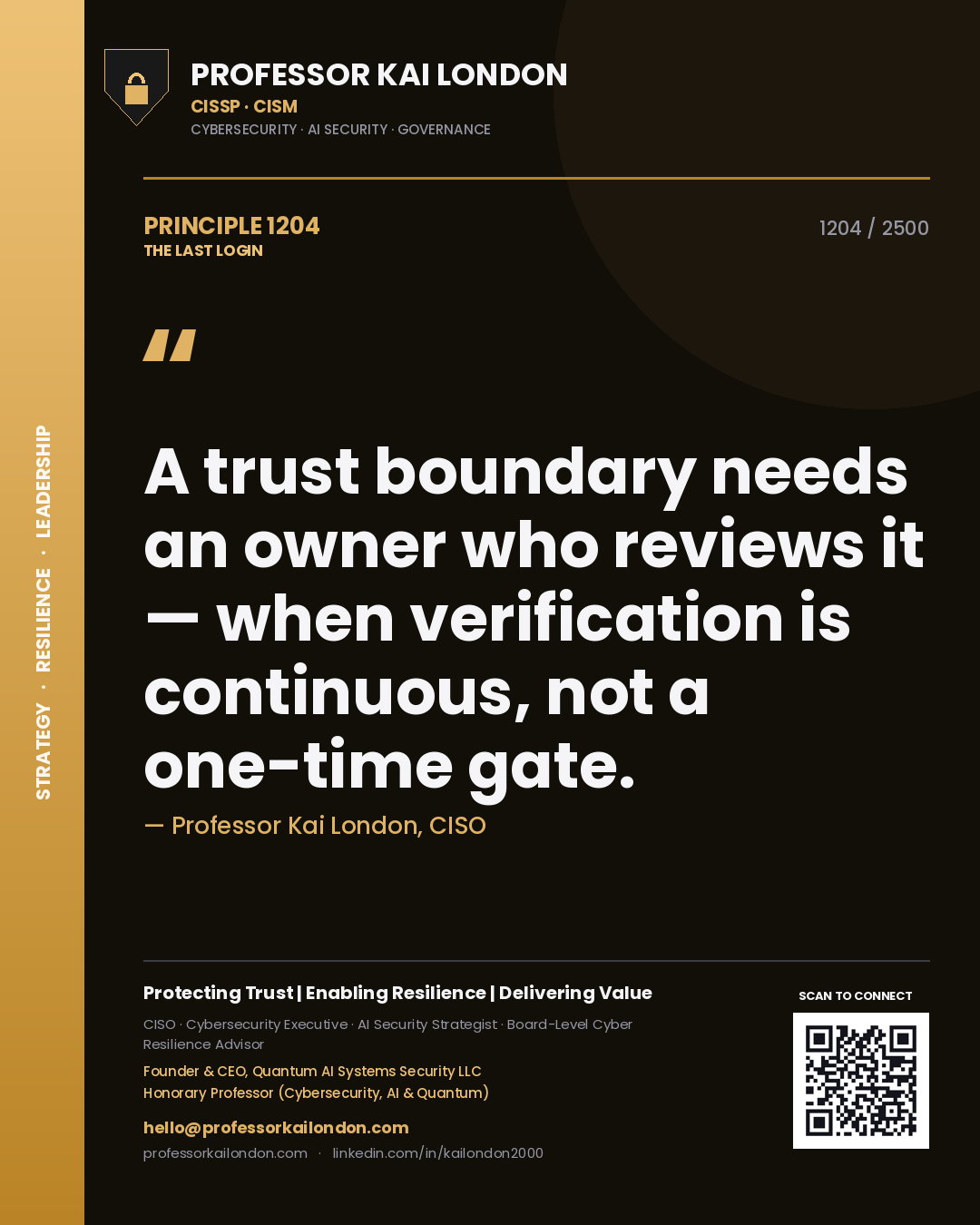 Quote card by Professor Kai London reading 'A trust boundary needs an owner who reviews it — when verification is continuous, not a one-time gate.'. From the book The Last Login.