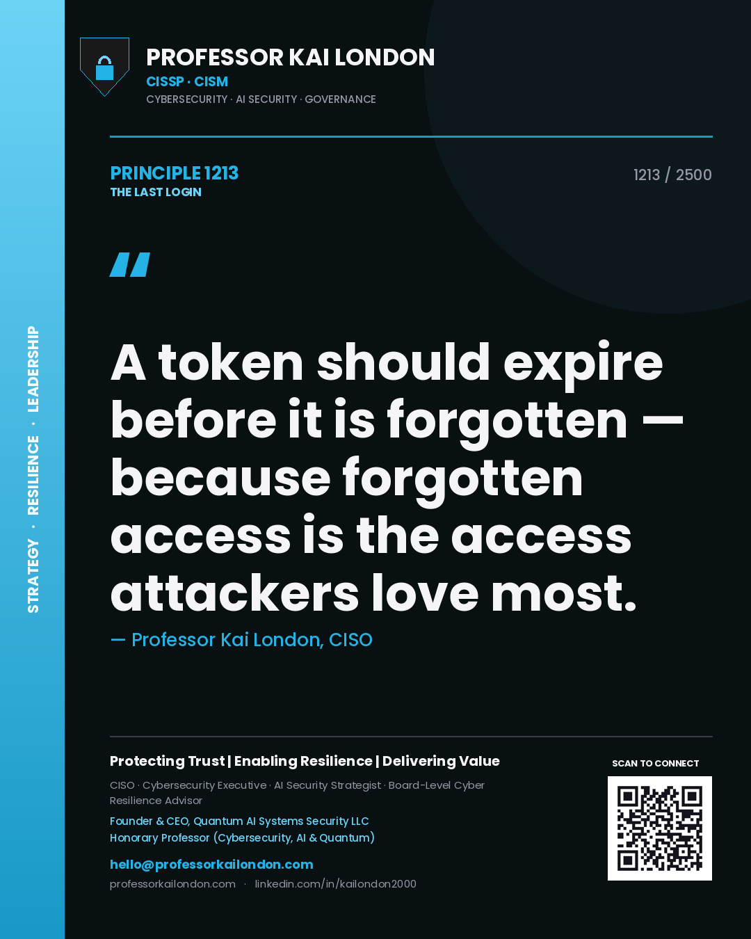 Quote card by Professor Kai London reading 'A token should expire before it is forgotten — because forgotten access is the access attackers love most.'. From the book The Last Login.