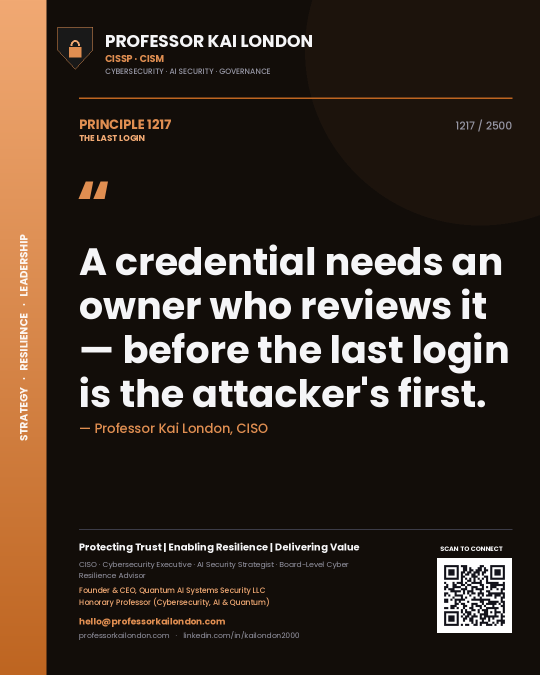 Quote card by Professor Kai London reading 'A credential needs an owner who reviews it — before the last login is the attacker's first.'. From the book The Last Login.