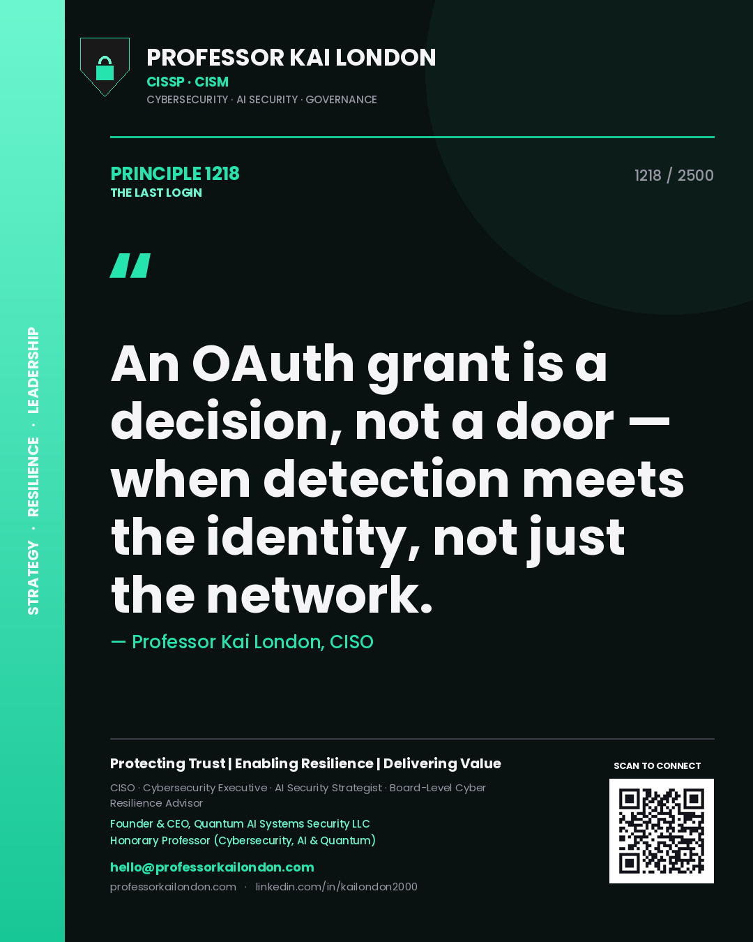 Quote card by Professor Kai London reading 'An OAuth grant is a decision, not a door — when detection meets the identity, not just the network.'. From the book The Last Login.