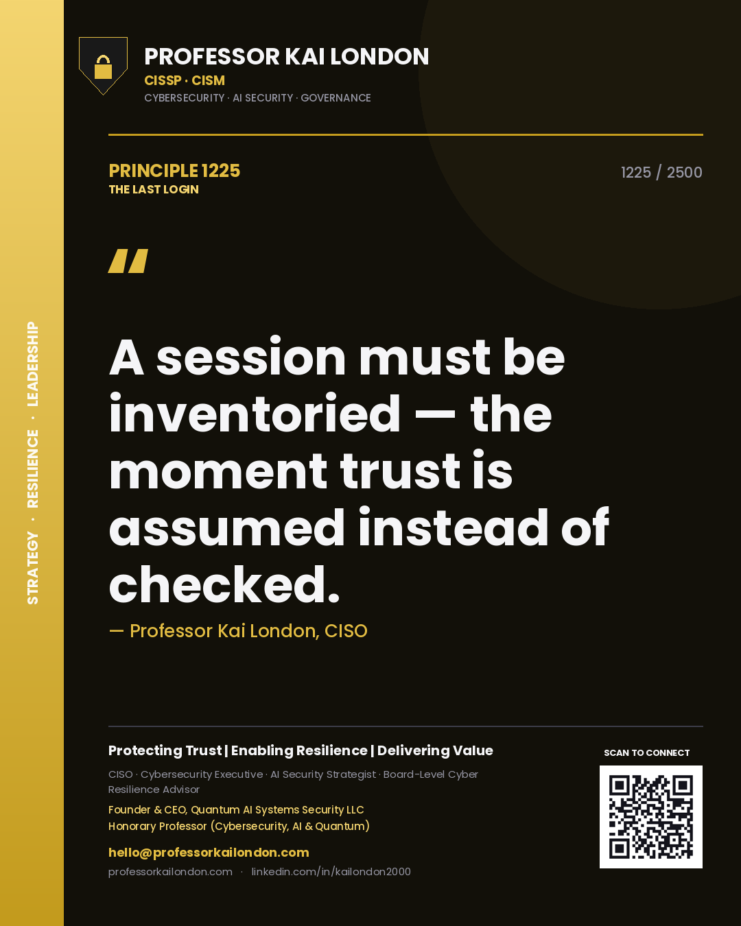 Quote card by Professor Kai London reading 'A session must be inventoried — the moment trust is assumed instead of checked.'. From the book The Last Login.