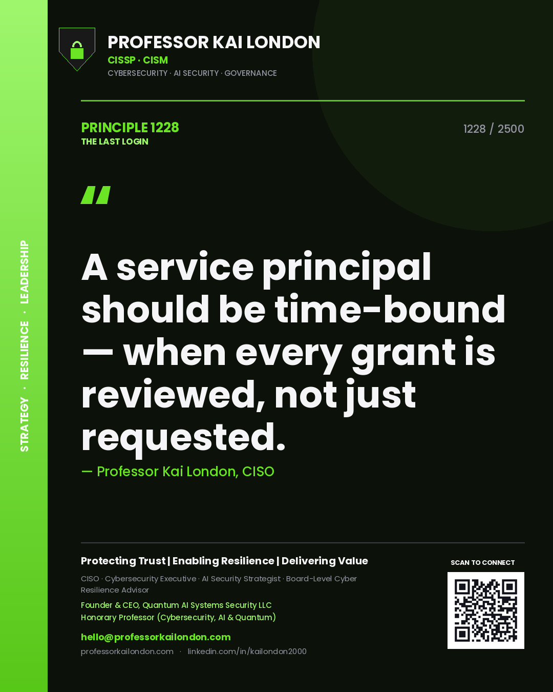 Quote card by Professor Kai London reading 'A service principal should be time-bound — when every grant is reviewed, not just requested.'. From the book The Last Login.