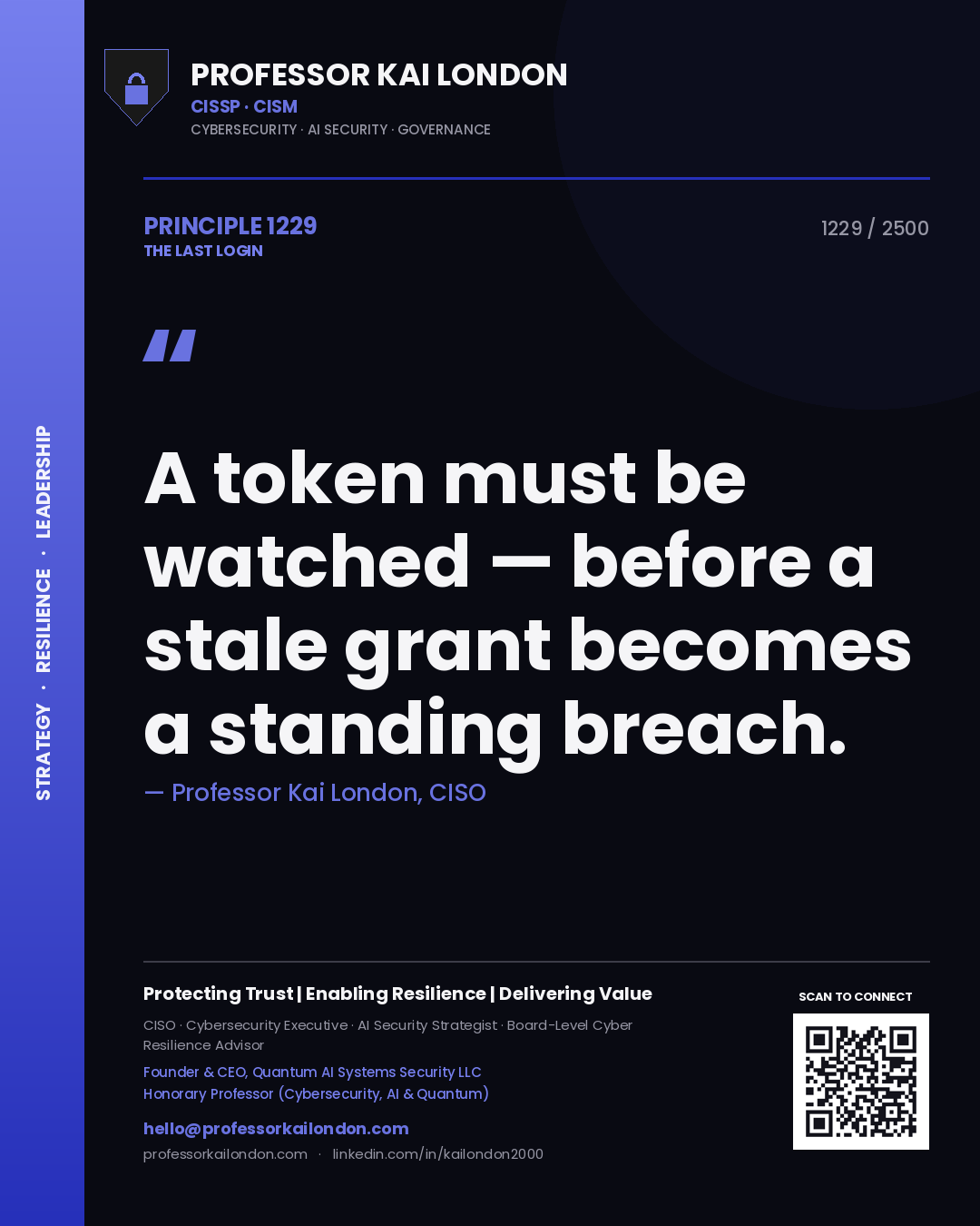 Quote card by Professor Kai London reading 'A token must be watched — before a stale grant becomes a standing breach.'. From the book The Last Login.