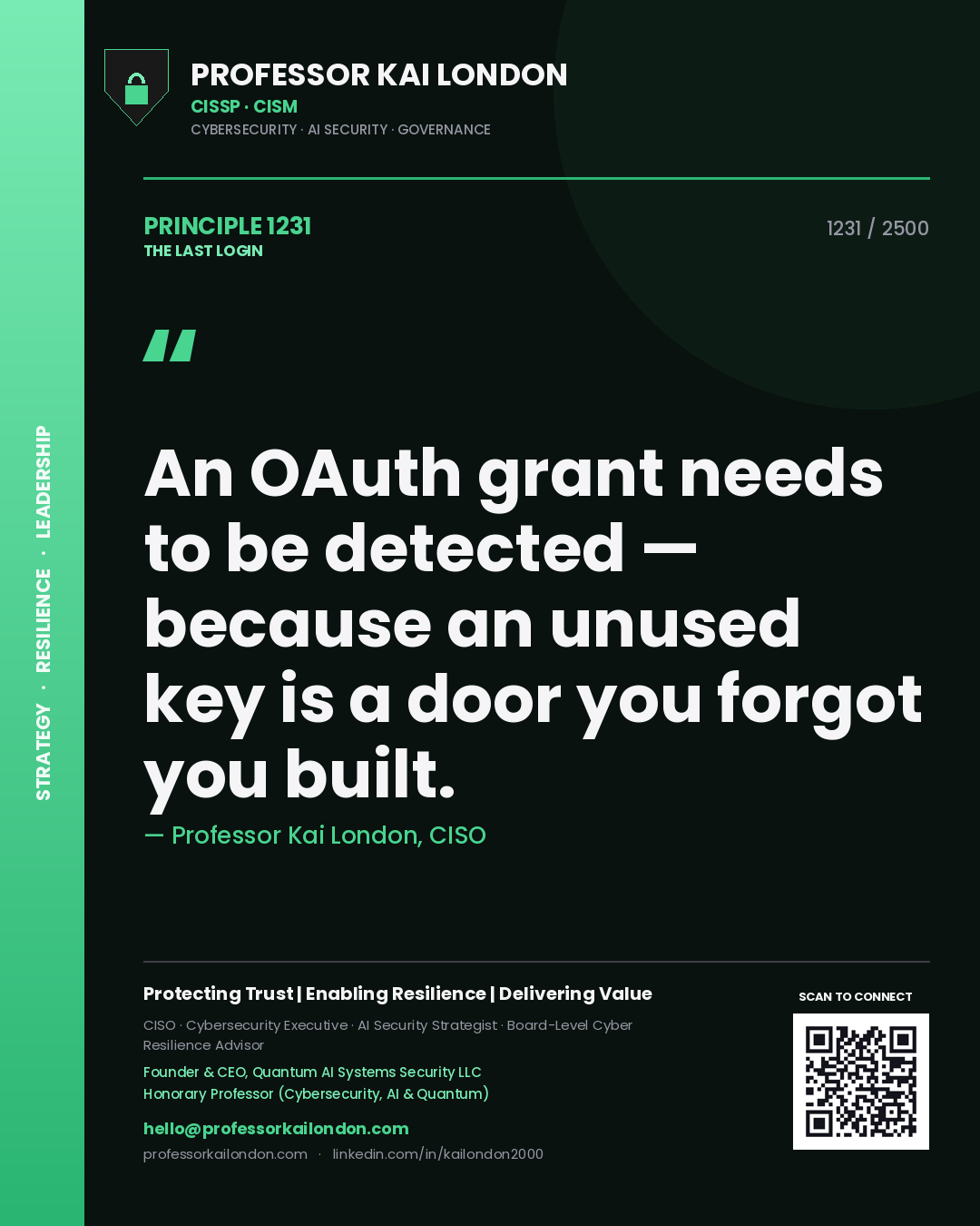 Quote card by Professor Kai London reading 'An OAuth grant needs to be detected — because an unused key is a door you forgot you built.'. From the book The Last Login.