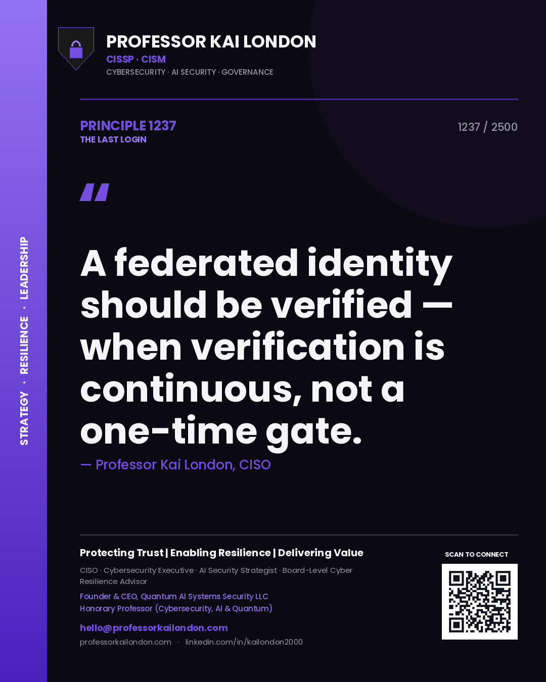 Quote card by Professor Kai London reading 'A federated identity should be verified — when verification is continuous, not a one-time gate.'. From the book The Last Login.