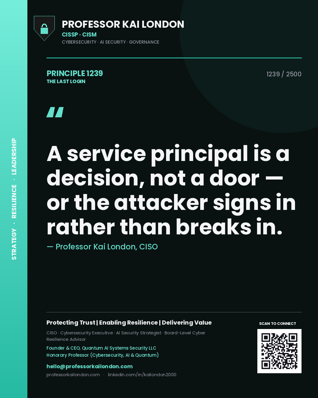 Quote card by Professor Kai London reading 'A service principal is a decision, not a door — or the attacker signs in rather than breaks in.'. From the book The Last Login.