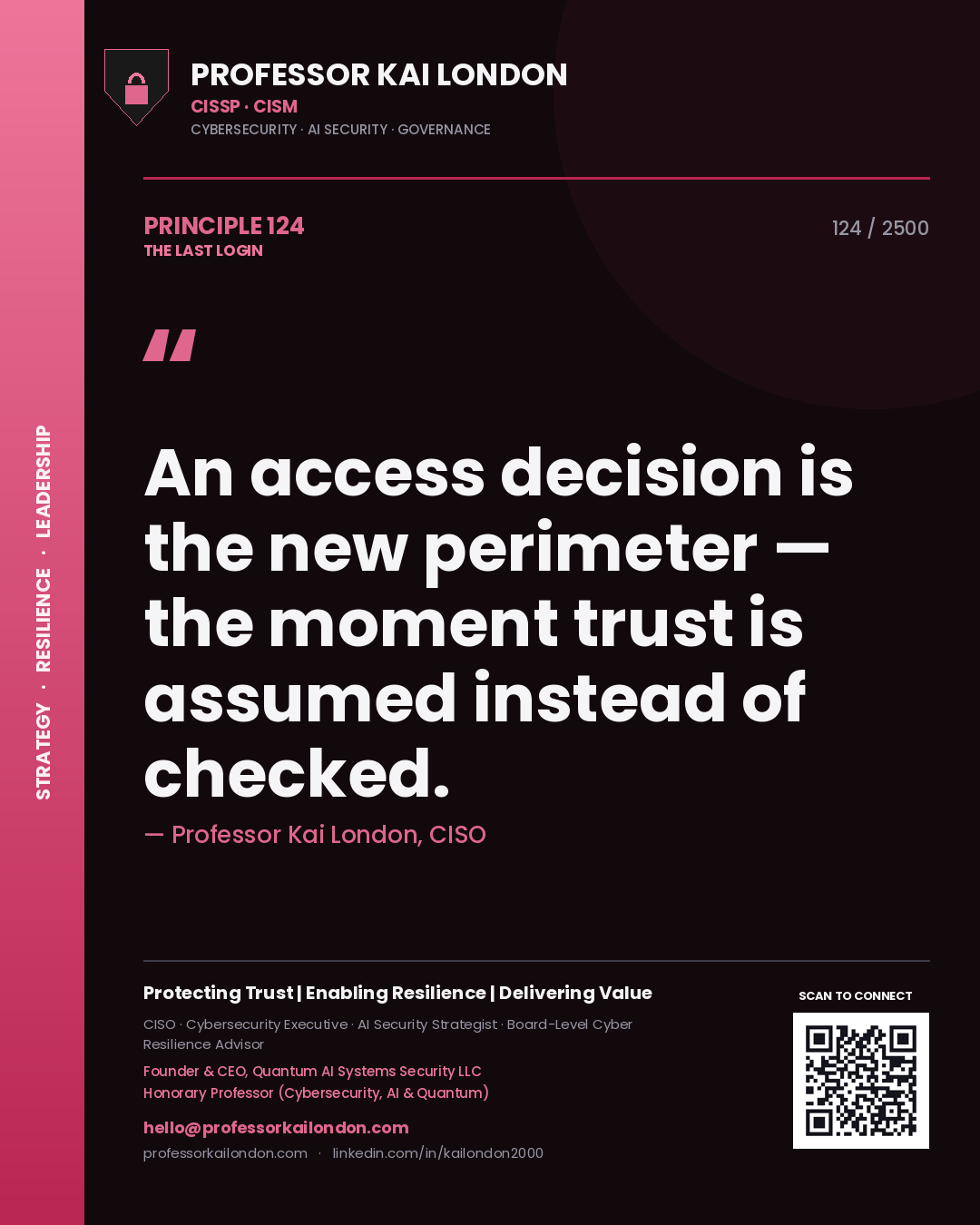 Professor Kai London principle 124: An access decision is the new perimeter — the moment trust is assumed instead of checked.