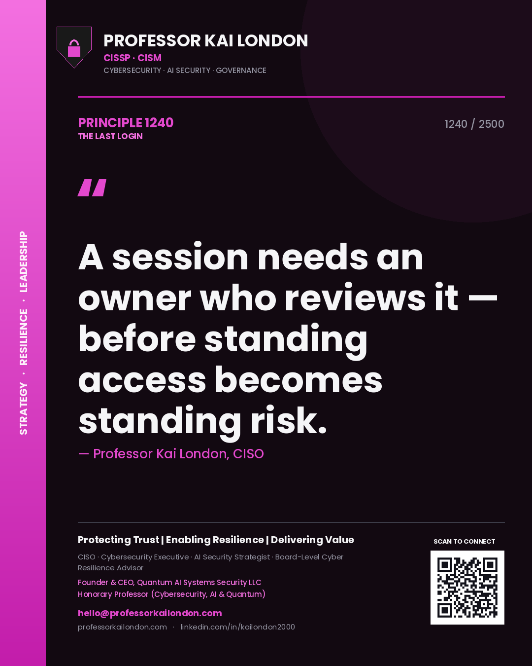 Quote card by Professor Kai London reading 'A session needs an owner who reviews it — before standing access becomes standing risk.'. From the book The Last Login.
