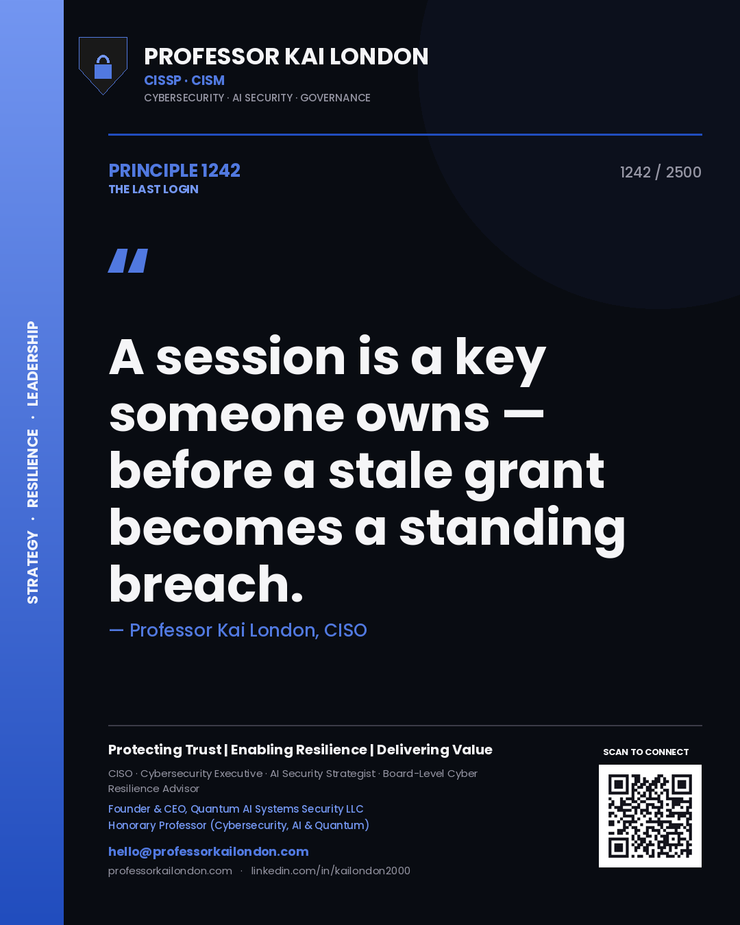 Quote card by Professor Kai London reading 'A session is a key someone owns — before a stale grant becomes a standing breach.'. From the book The Last Login.