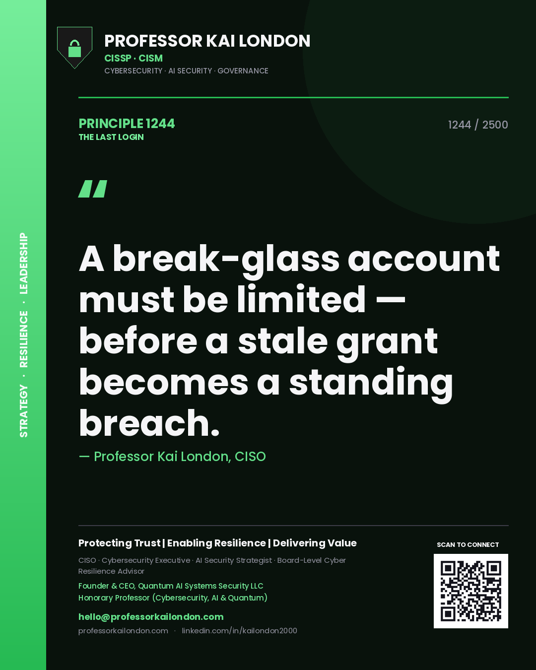 Professor Kai London principle 1244: A break-glass account must be limited — before a stale grant becomes a standing breach.