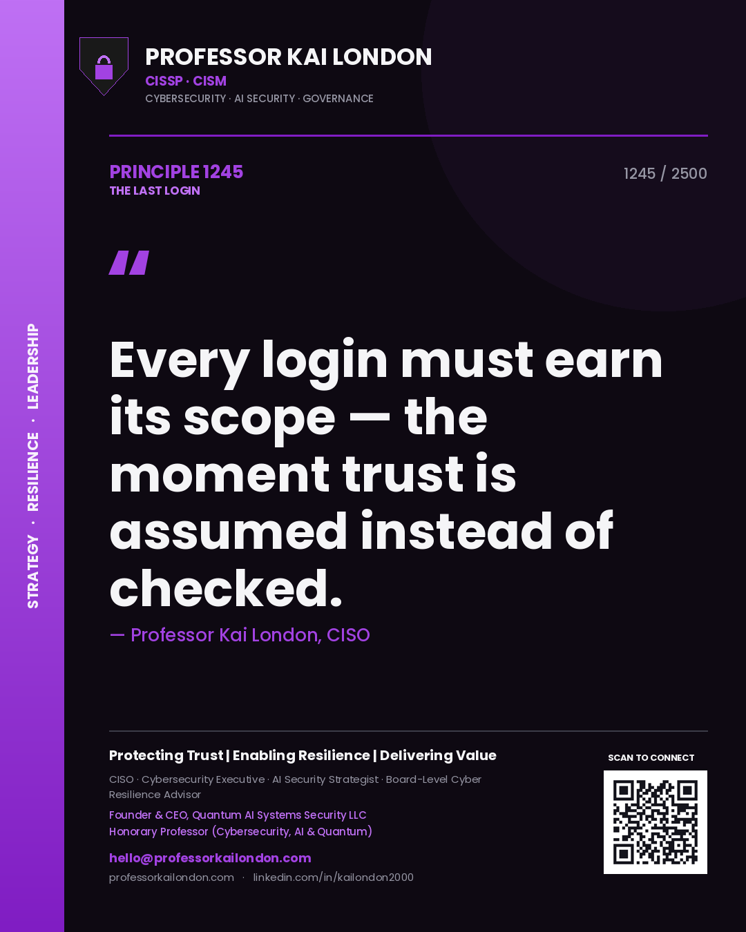 Quote card by Professor Kai London reading 'Every login must earn its scope — the moment trust is assumed instead of checked.'. From the book The Last Login.