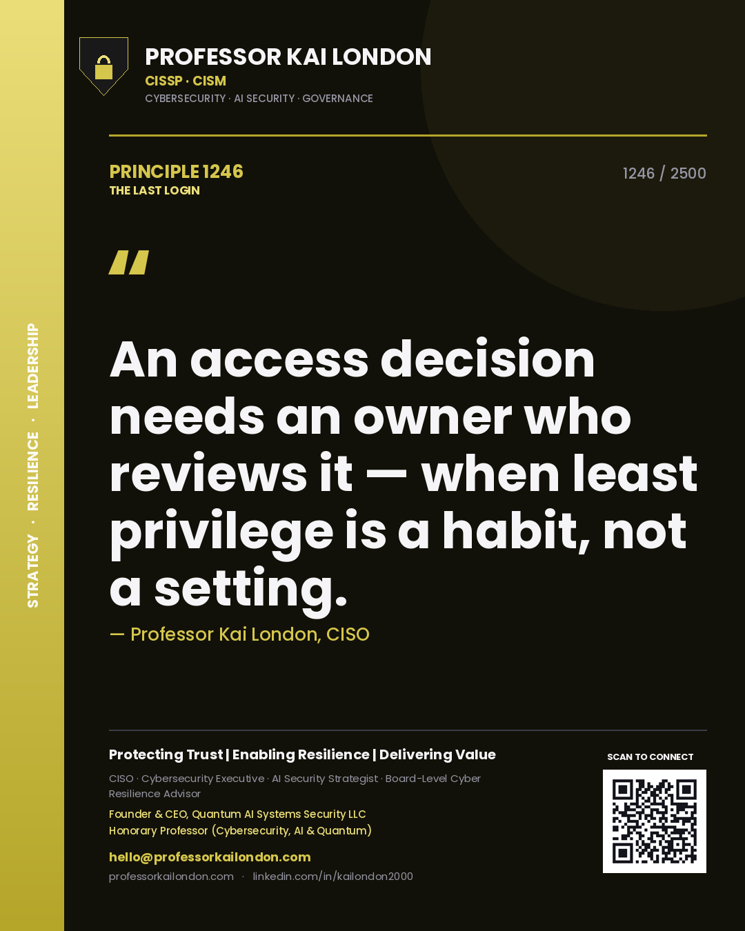 Quote card by Professor Kai London reading 'An access decision needs an owner who reviews it — when least privilege is a habit, not a setting.'. From the book The Last Login.
