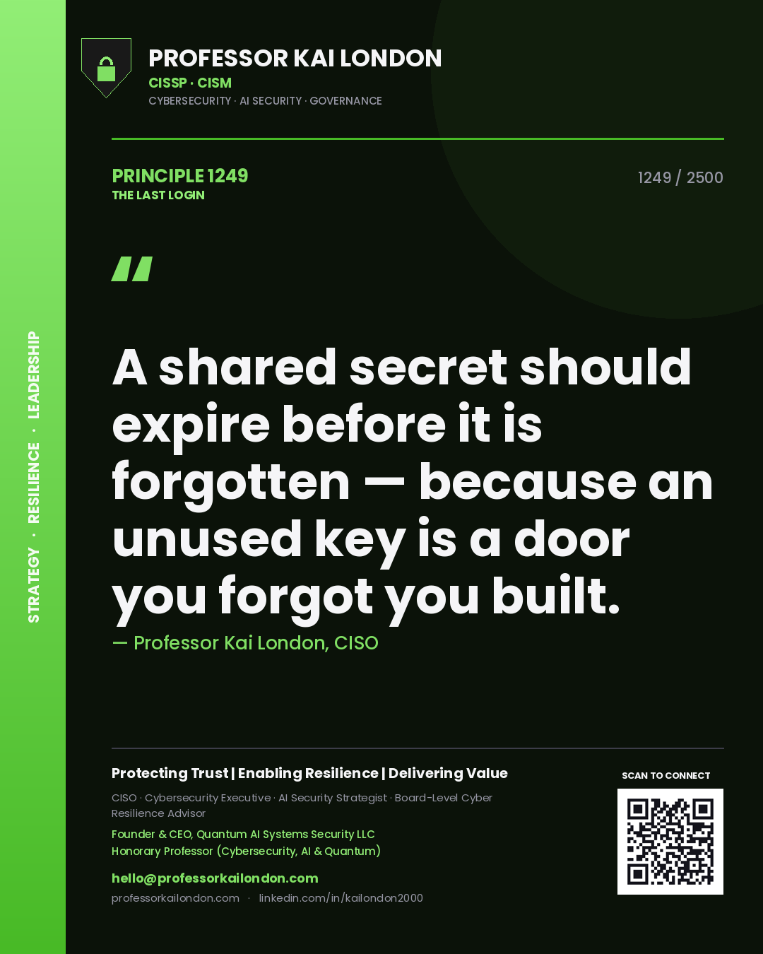 Quote card by Professor Kai London reading 'A shared secret should expire before it is forgotten — because an unused key is a door you forgot you built.'. From the book The Last Login.