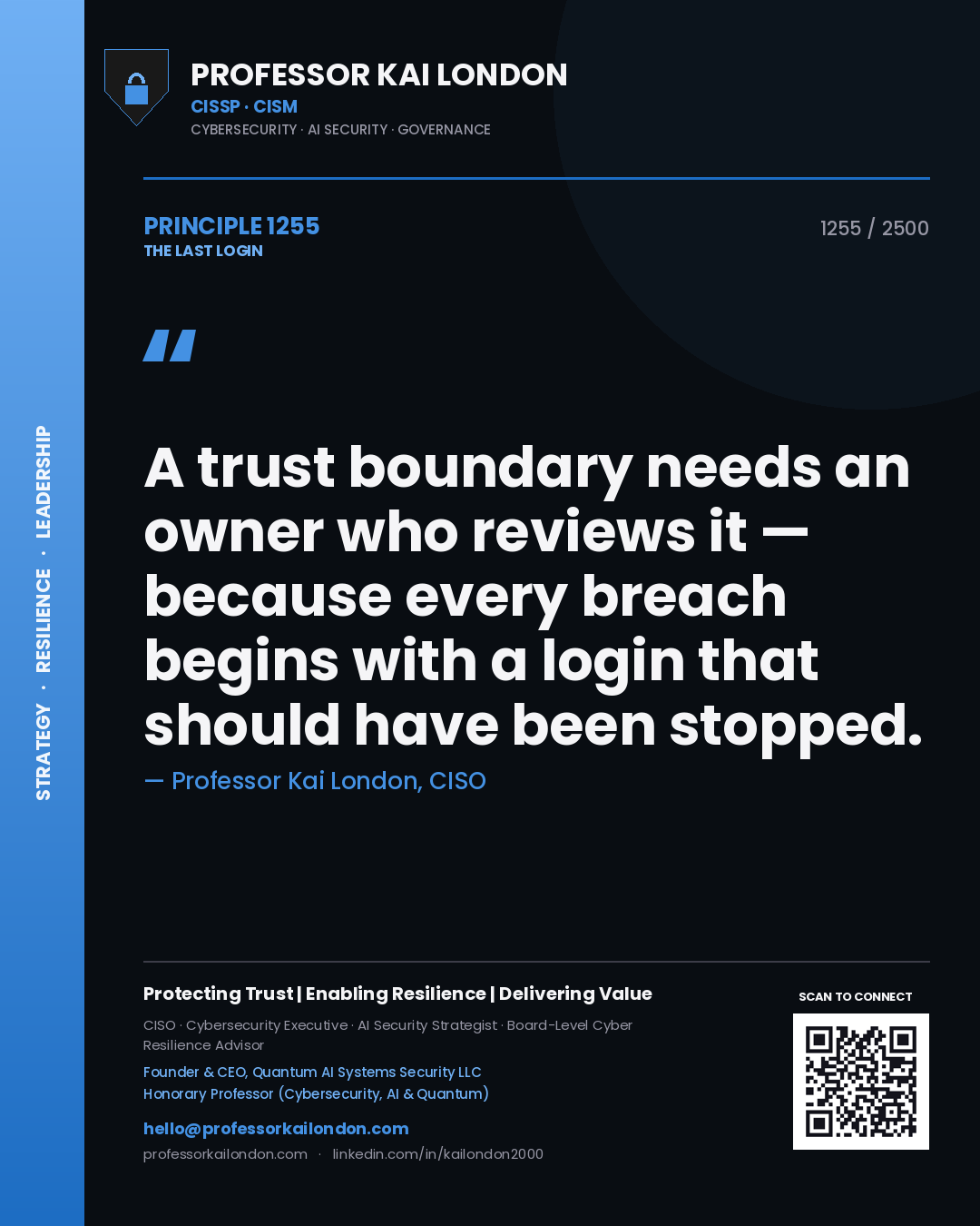 Quote card by Professor Kai London reading 'A trust boundary needs an owner who reviews it — because every breach begins with a login that should have been stopped.'. From the book The Last Login.