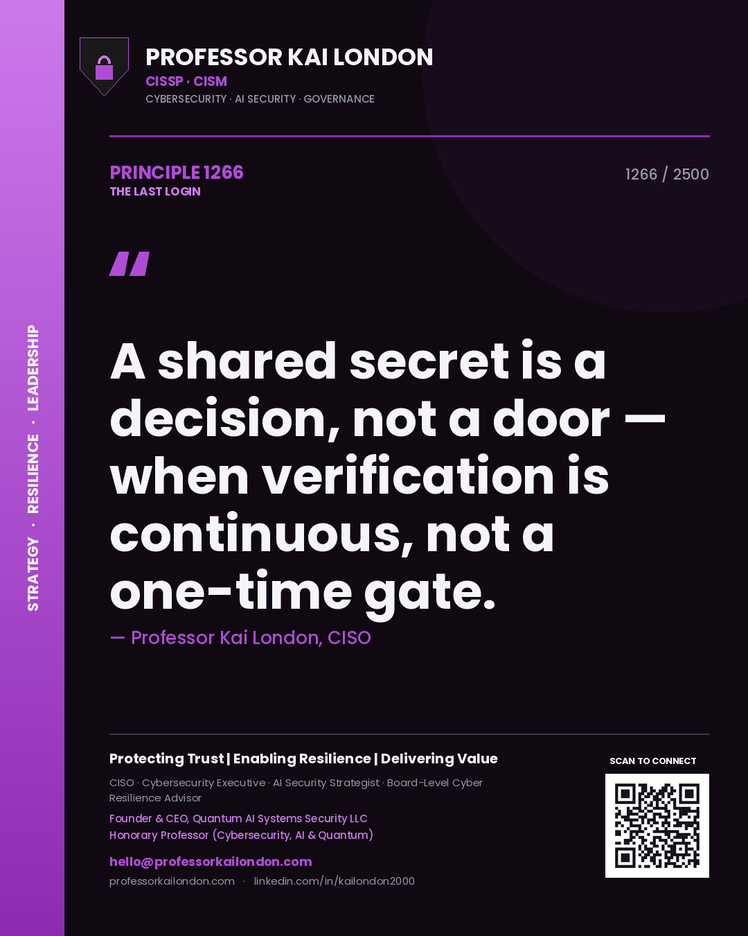 Quote card by Professor Kai London reading 'A shared secret is a decision, not a door — when verification is continuous, not a one-time gate.'. From the book The Last Login.
