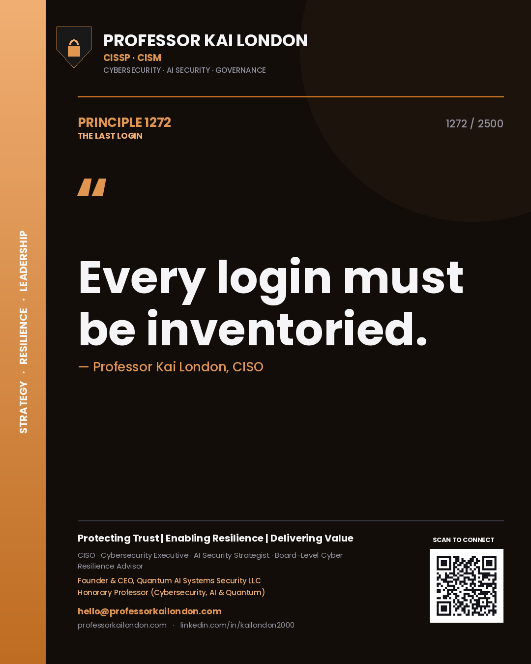 Quote card by Professor Kai London reading 'Every login must be inventoried.'. From the book The Last Login.