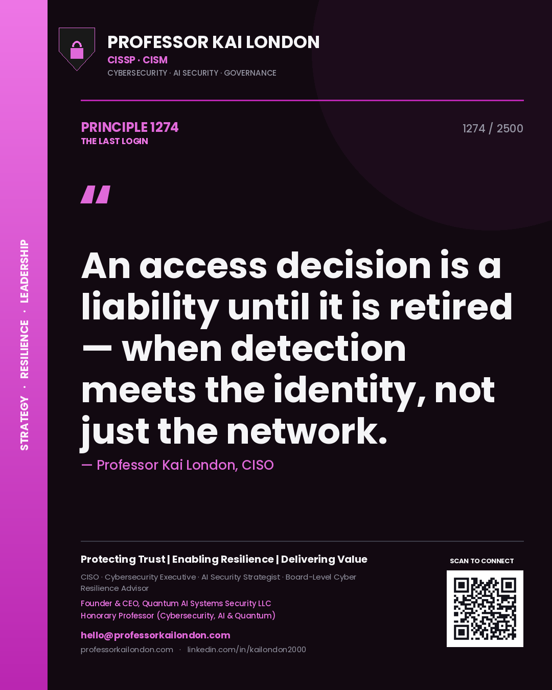Quote card by Professor Kai London reading 'An access decision is a liability until it is retired — when detection meets the identity, not just the network.'. From the book The Last Login.