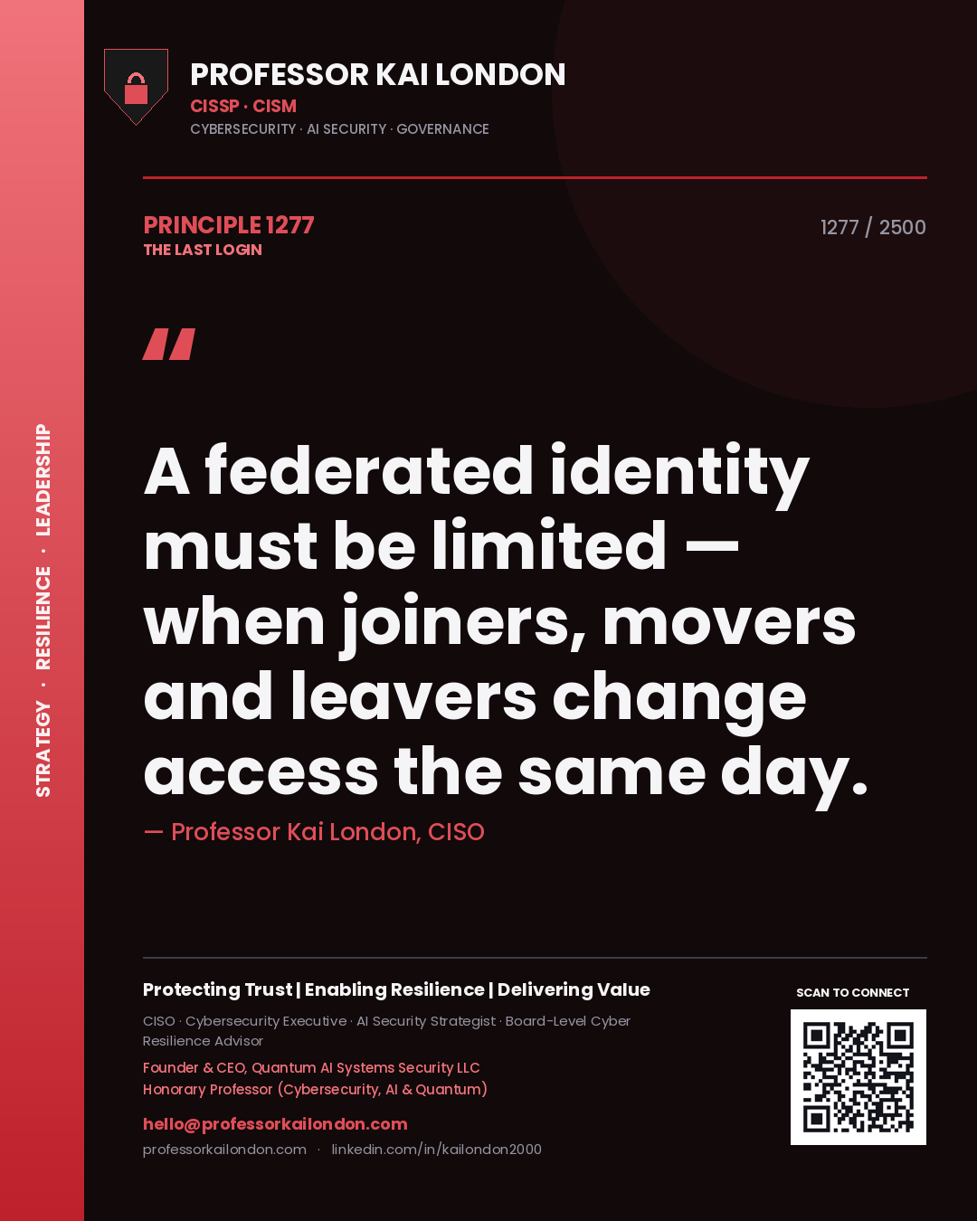 Quote card by Professor Kai London reading 'A federated identity must be limited — when joiners, movers and leavers change access the same day.'. From the book The Last Login.