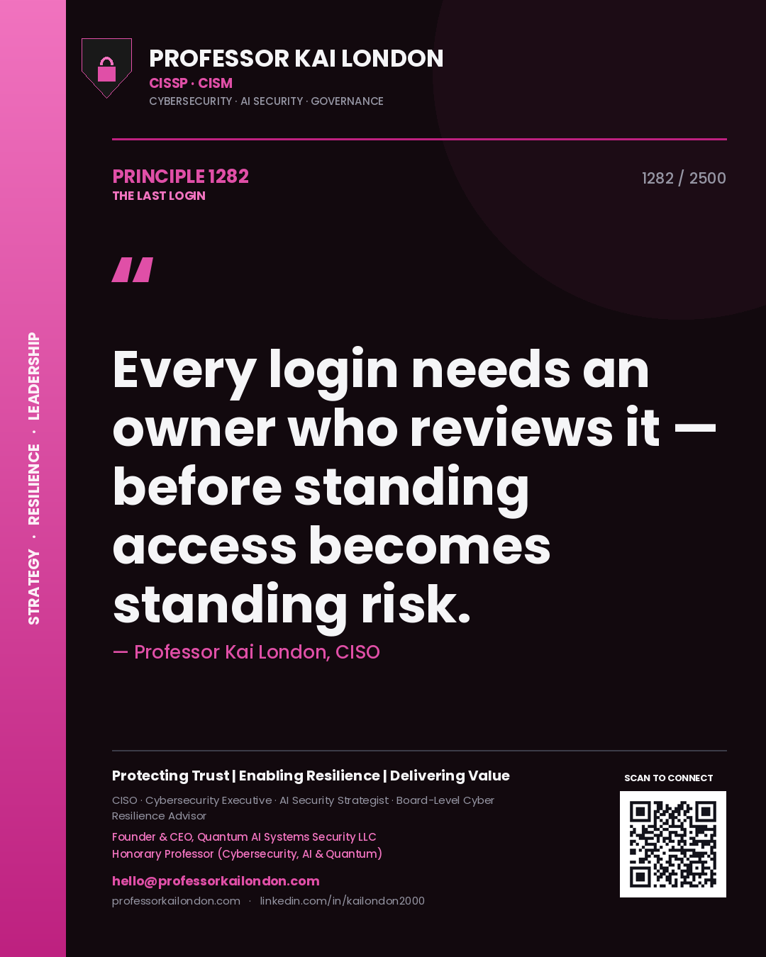 Quote card by Professor Kai London reading 'Every login needs an owner who reviews it — before standing access becomes standing risk.'. From the book The Last Login.