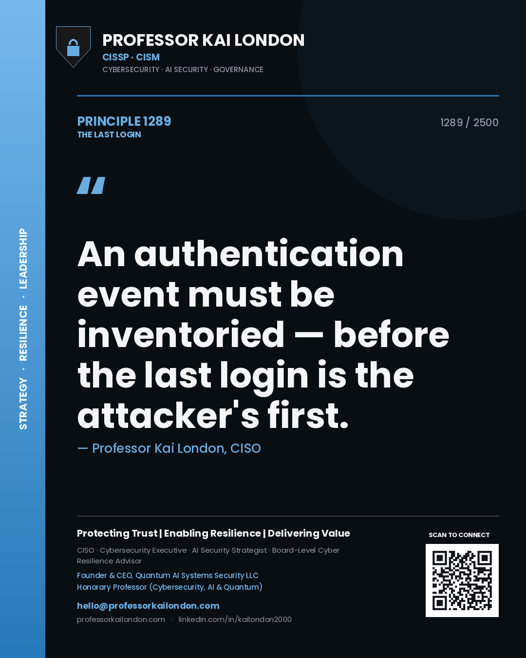 Quote card by Professor Kai London reading 'An authentication event must be inventoried — before the last login is the attacker's first.'. From the book The Last Login.