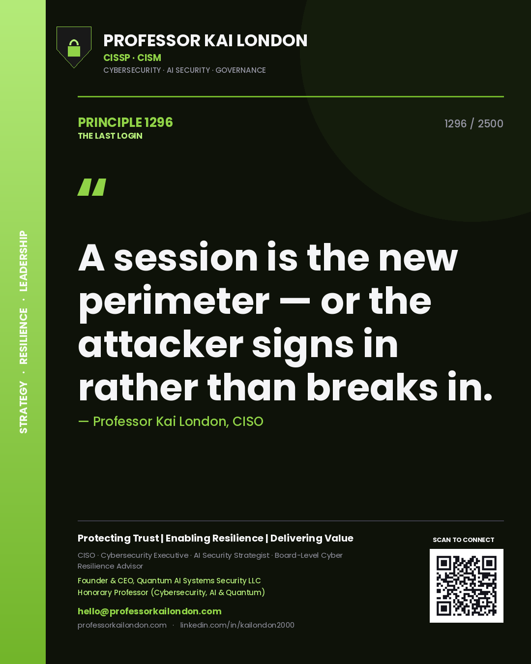 Quote card by Professor Kai London reading 'A session is the new perimeter — or the attacker signs in rather than breaks in.'. From the book The Last Login.