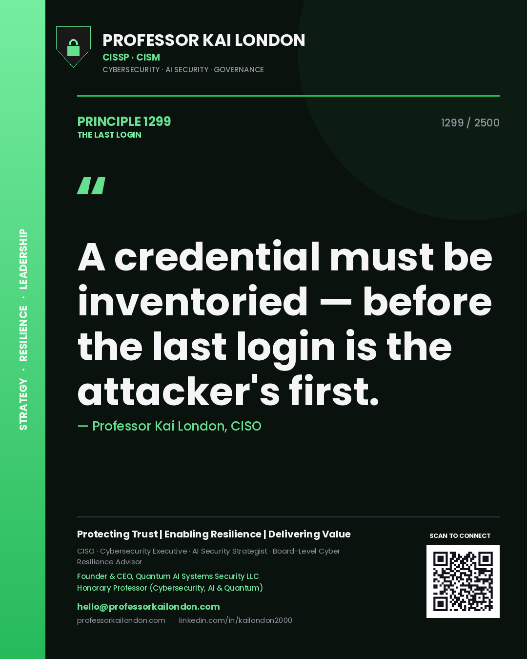Quote card by Professor Kai London reading 'A credential must be inventoried — before the last login is the attacker's first.'. From the book The Last Login.