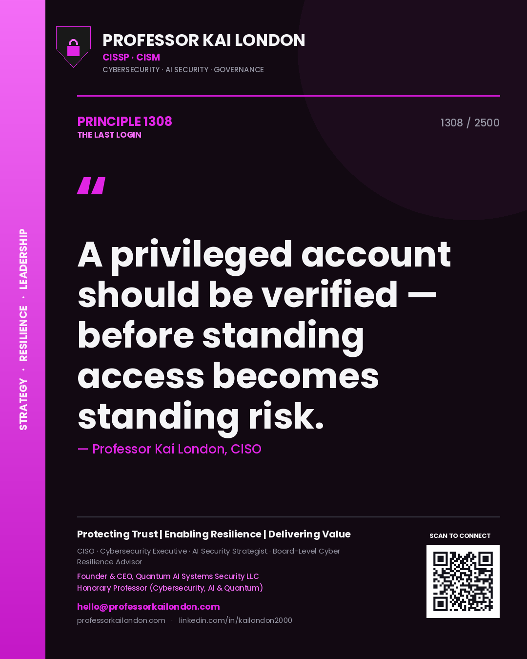 Quote card by Professor Kai London reading 'A privileged account should be verified — before standing access becomes standing risk.'. From the book The Last Login.