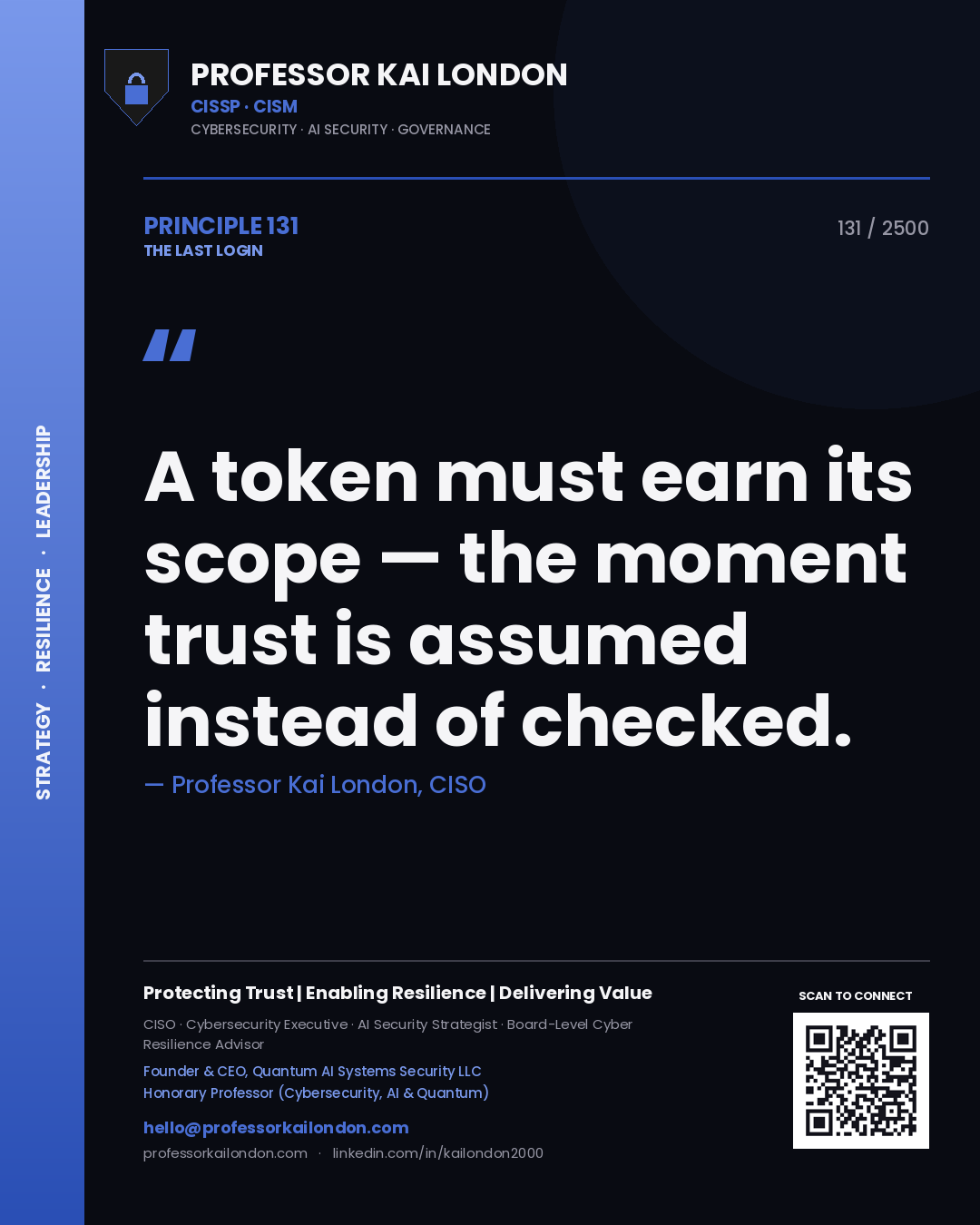 Professor Kai London principle 131: A token must earn its scope — the moment trust is assumed instead of checked.