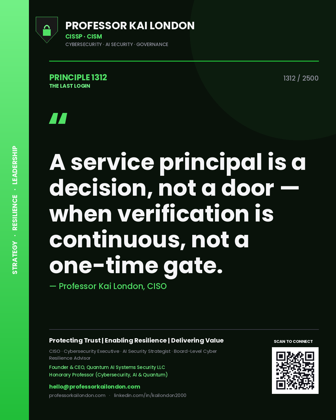Professor Kai London principle 1312: A service principal is a decision, not a door — when verification is continuous, not a one-time gate.