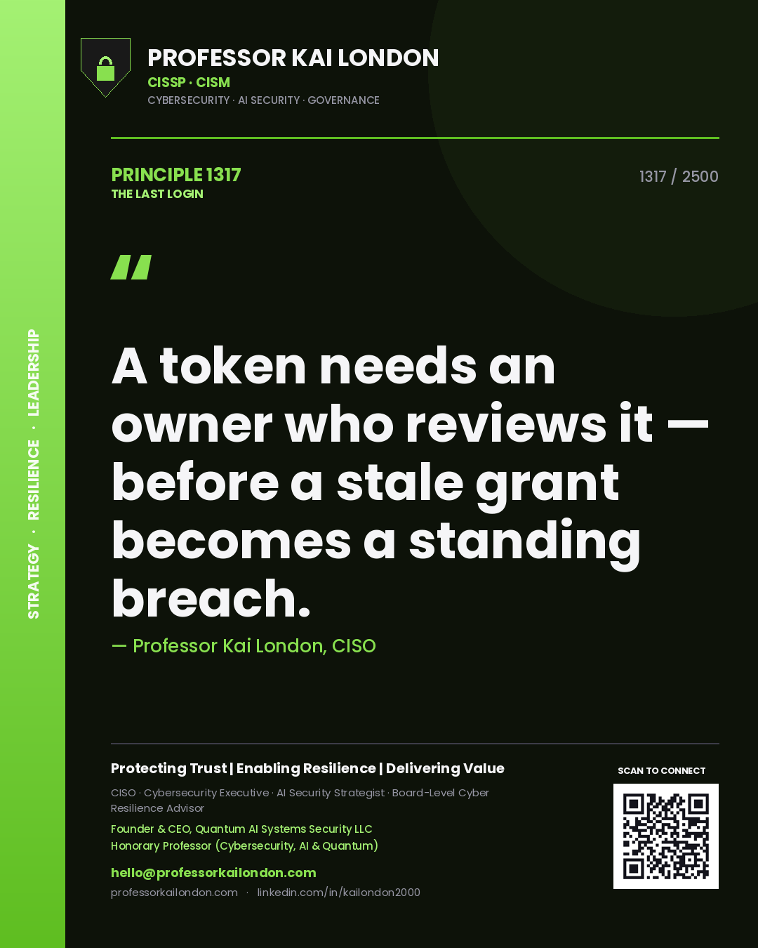 Quote card by Professor Kai London reading 'A token needs an owner who reviews it — before a stale grant becomes a standing breach.'. From the book The Last Login.