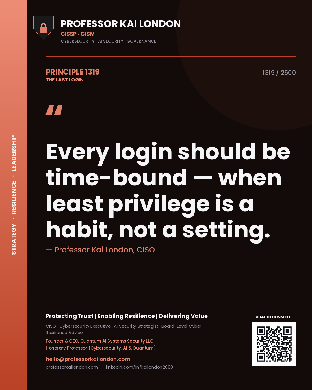 Quote card by Professor Kai London reading 'Every login should be time-bound — when least privilege is a habit, not a setting.'. From the book The Last Login.