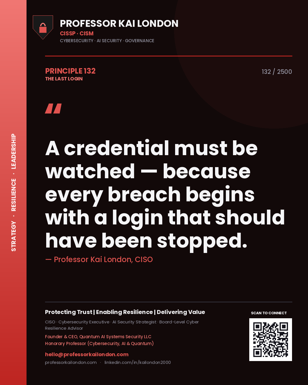 Quote card by Professor Kai London reading 'A credential must be watched — because every breach begins with a login that should have been stopped.'. From the book The Last Login.