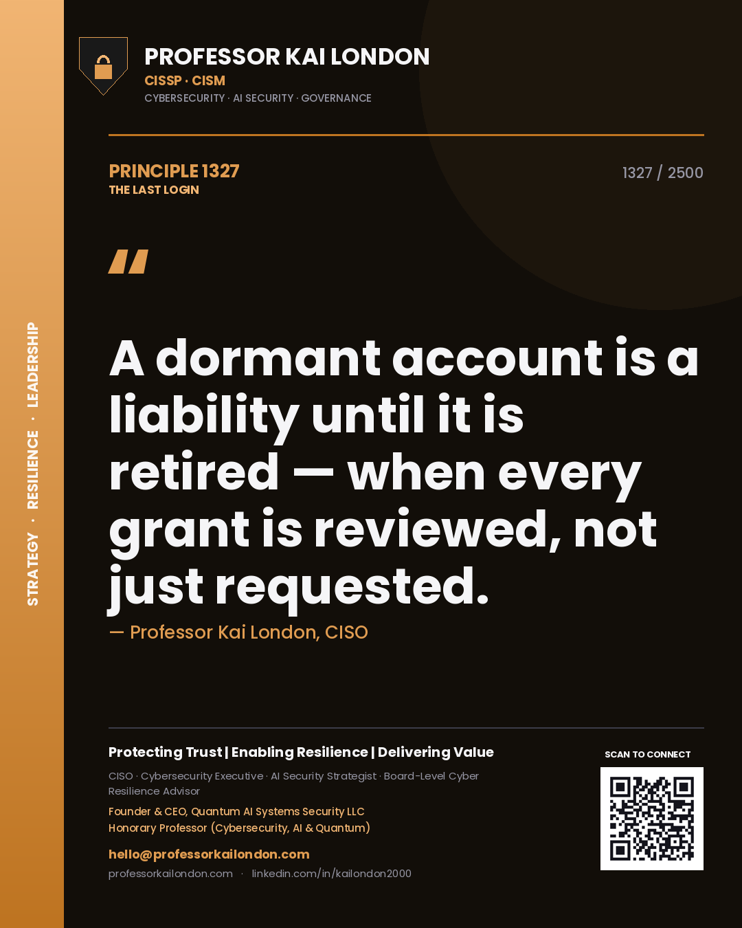 Quote card by Professor Kai London reading 'A dormant account is a liability until it is retired — when every grant is reviewed, not just requested.'. From the book The Last Login.