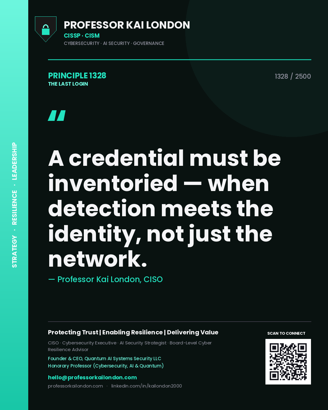 Quote card by Professor Kai London reading 'A credential must be inventoried — when detection meets the identity, not just the network.'. From the book The Last Login.