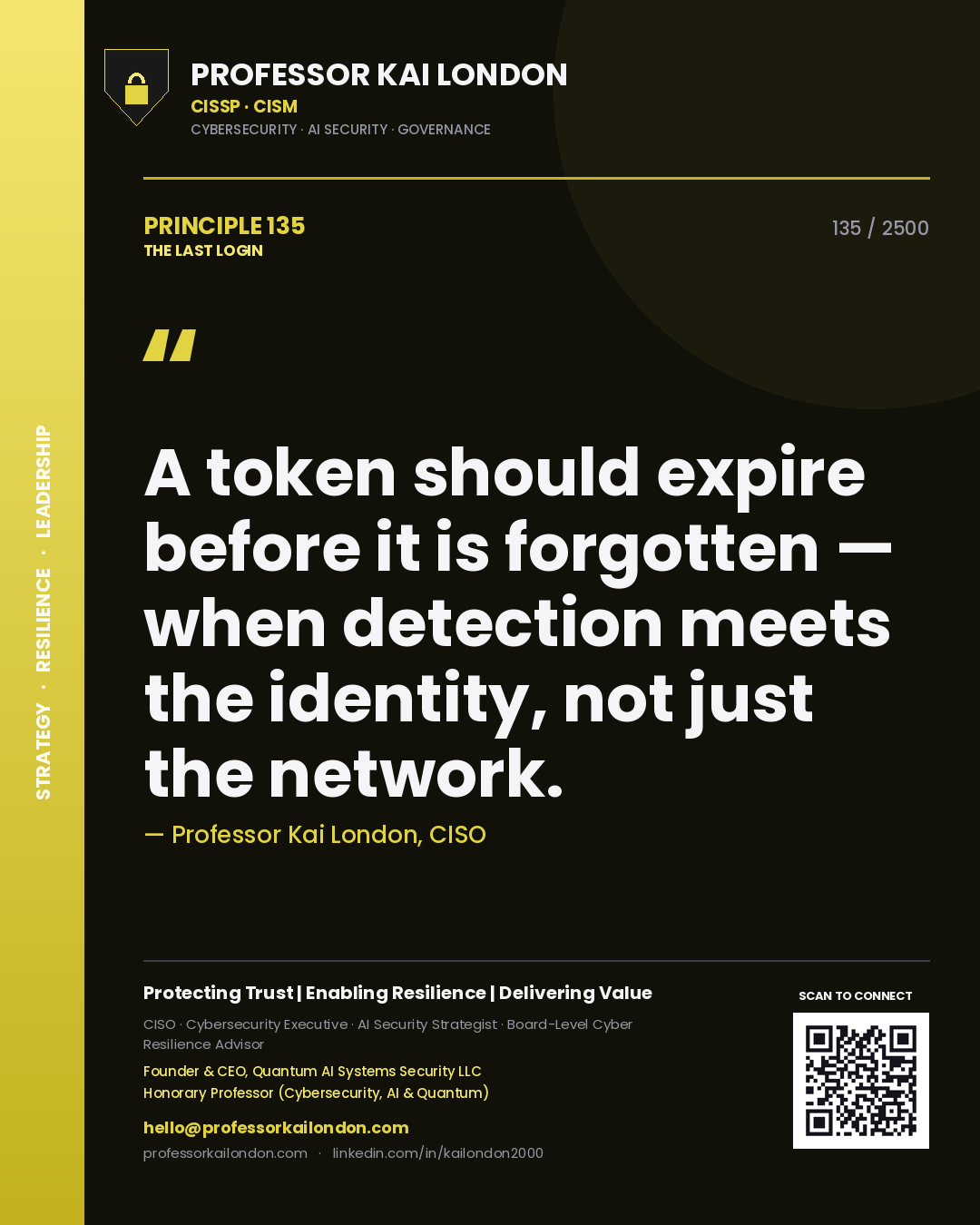 Quote card by Professor Kai London reading 'A token should expire before it is forgotten — when detection meets the identity, not just the network.'. From the book The Last Login.
