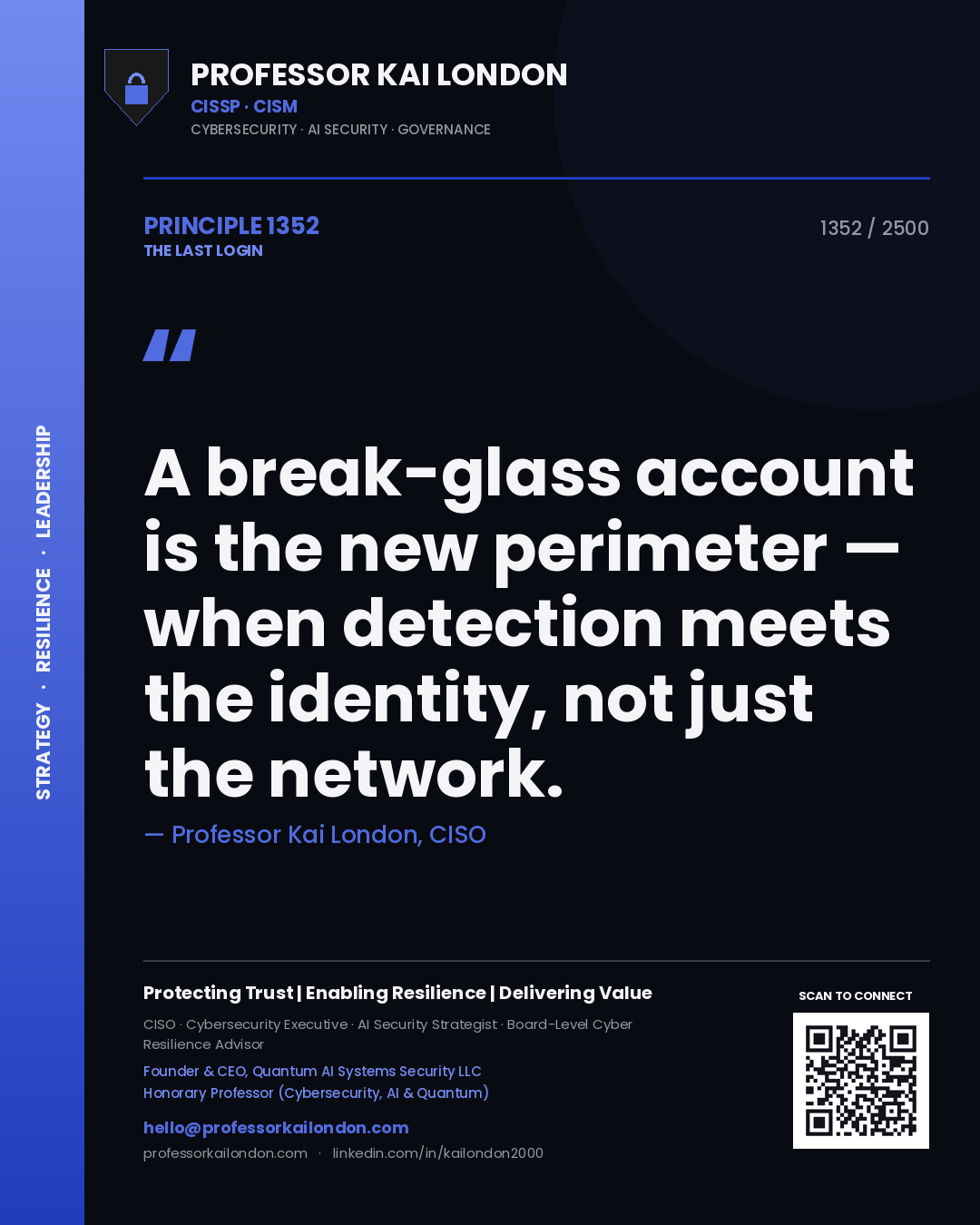 Quote card by Professor Kai London reading 'A break-glass account is the new perimeter — when detection meets the identity, not just the network.'. From the book The Last Login.
