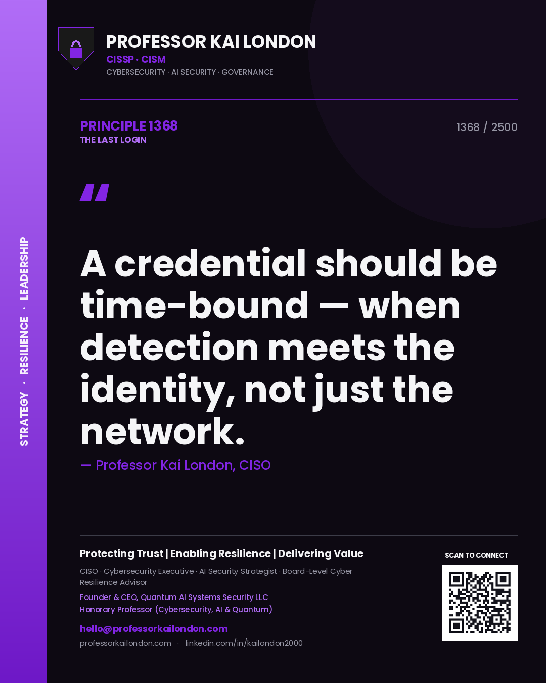 Quote card by Professor Kai London reading 'A credential should be time-bound — when detection meets the identity, not just the network.'. From the book The Last Login.