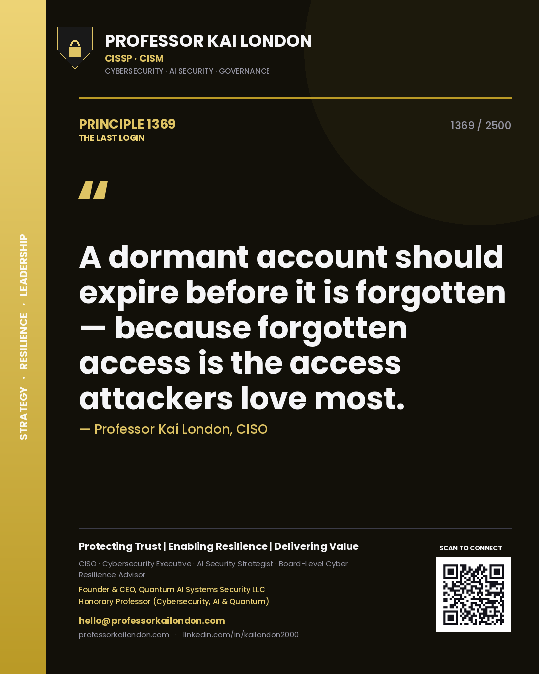 Quote card by Professor Kai London reading 'A dormant account should expire before it is forgotten — because forgotten access is the access attackers love most.'. From the book The Last Login.