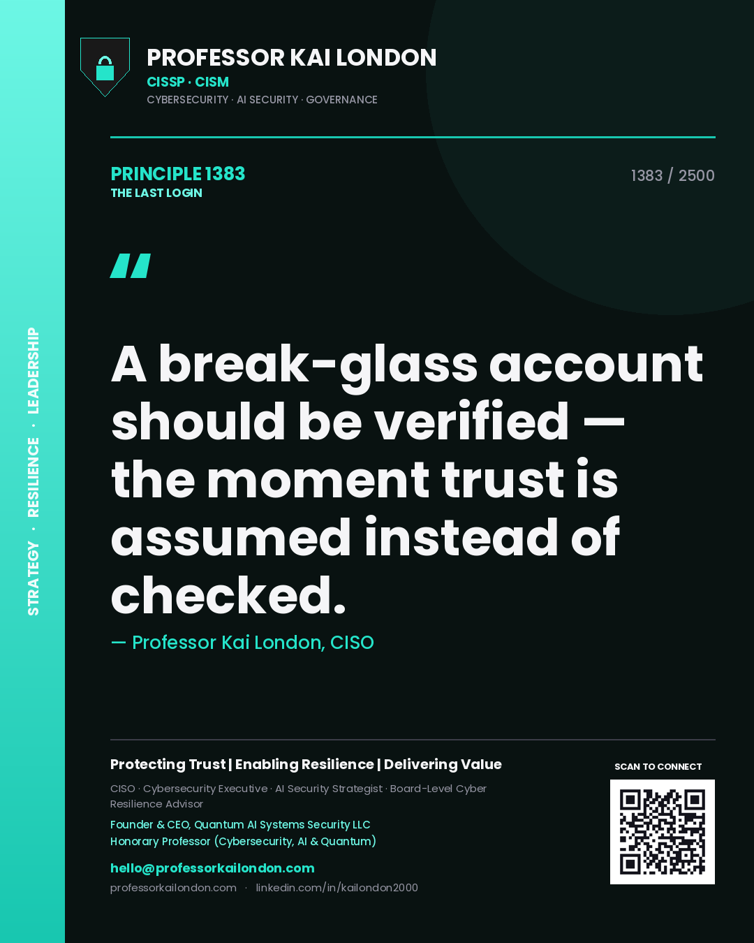 Quote card by Professor Kai London reading 'A break-glass account should be verified — the moment trust is assumed instead of checked.'. From the book The Last Login.