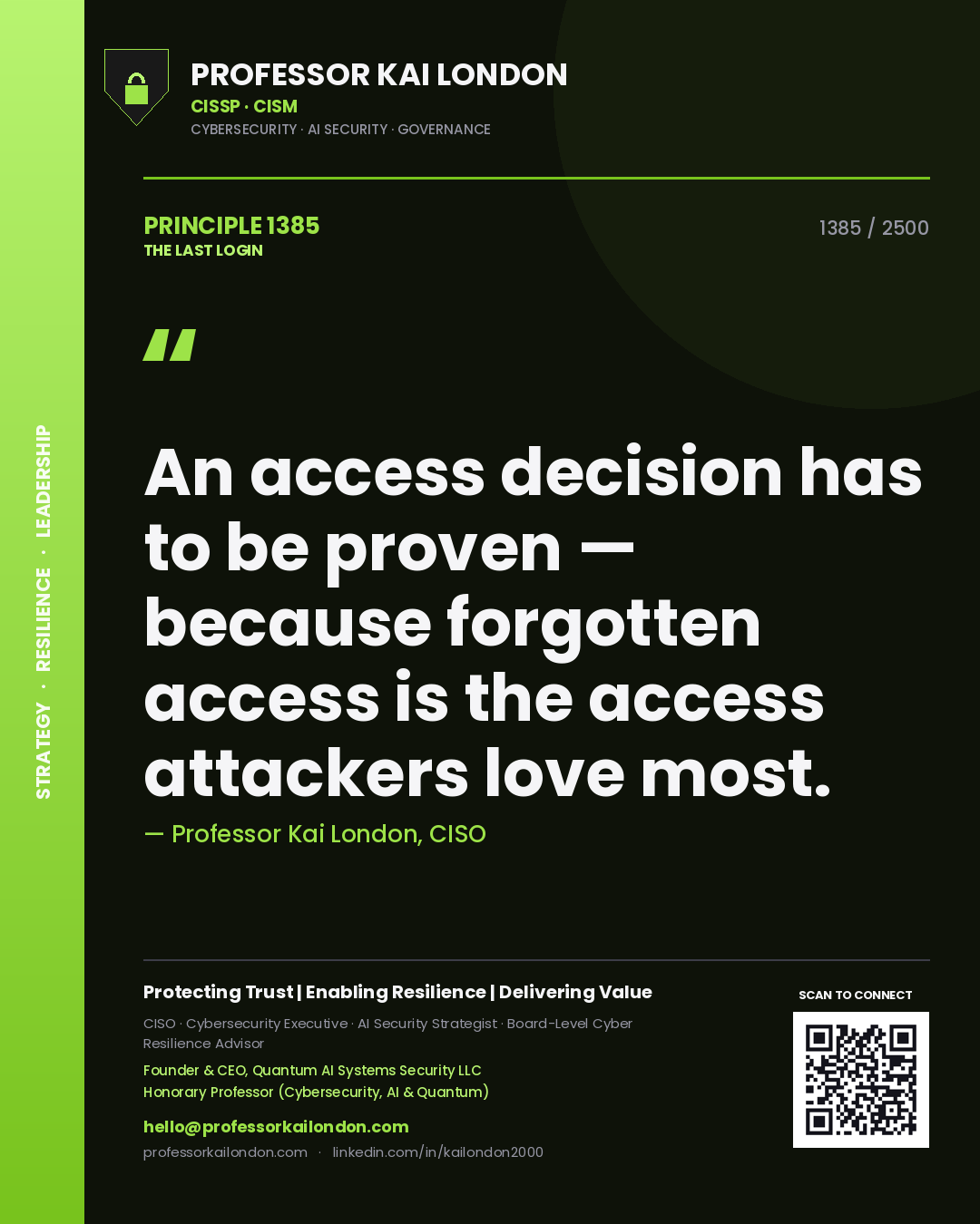Quote card by Professor Kai London reading 'An access decision has to be proven — because forgotten access is the access attackers love most.'. From the book The Last Login.