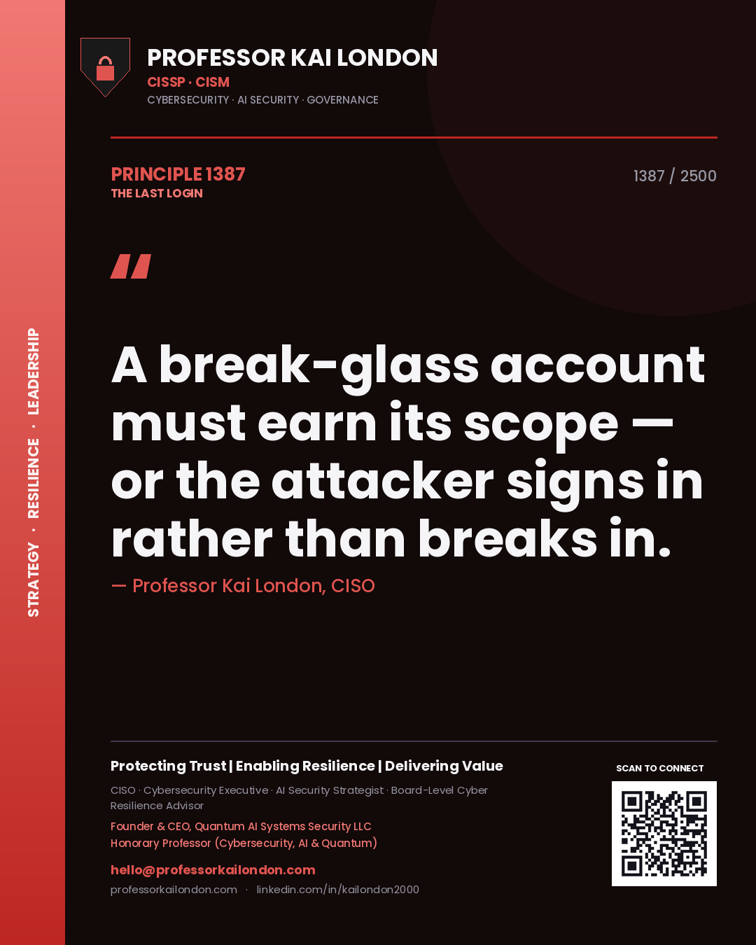 Quote card by Professor Kai London reading 'A break-glass account must earn its scope — or the attacker signs in rather than breaks in.'. From the book The Last Login.
