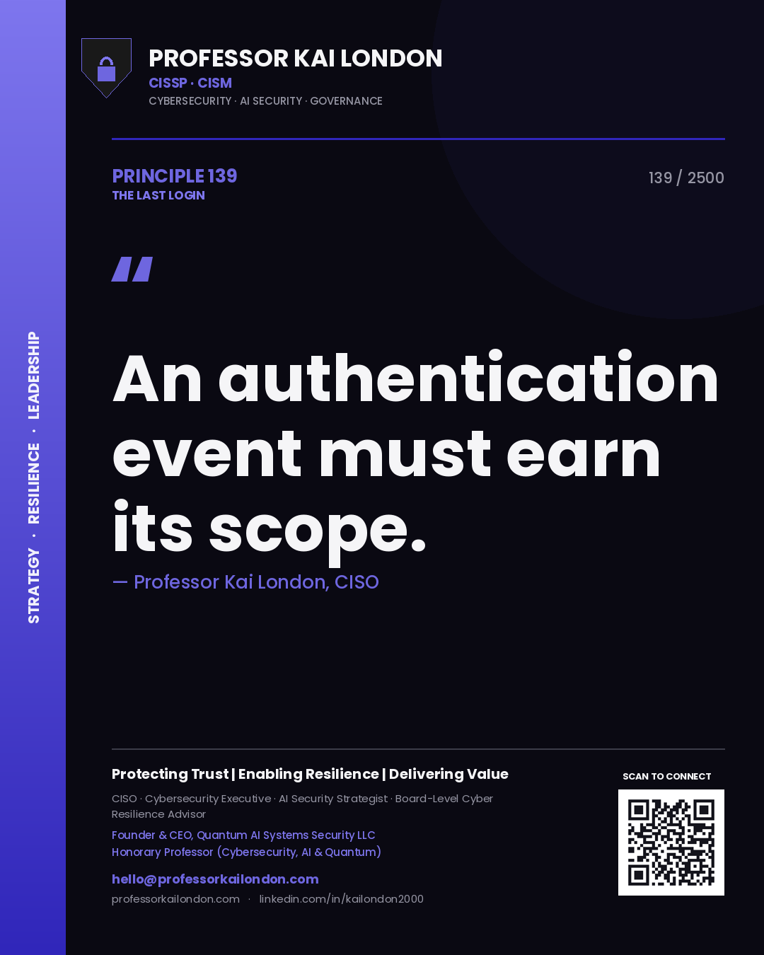 Professor Kai London principle 139: An authentication event must earn its scope.