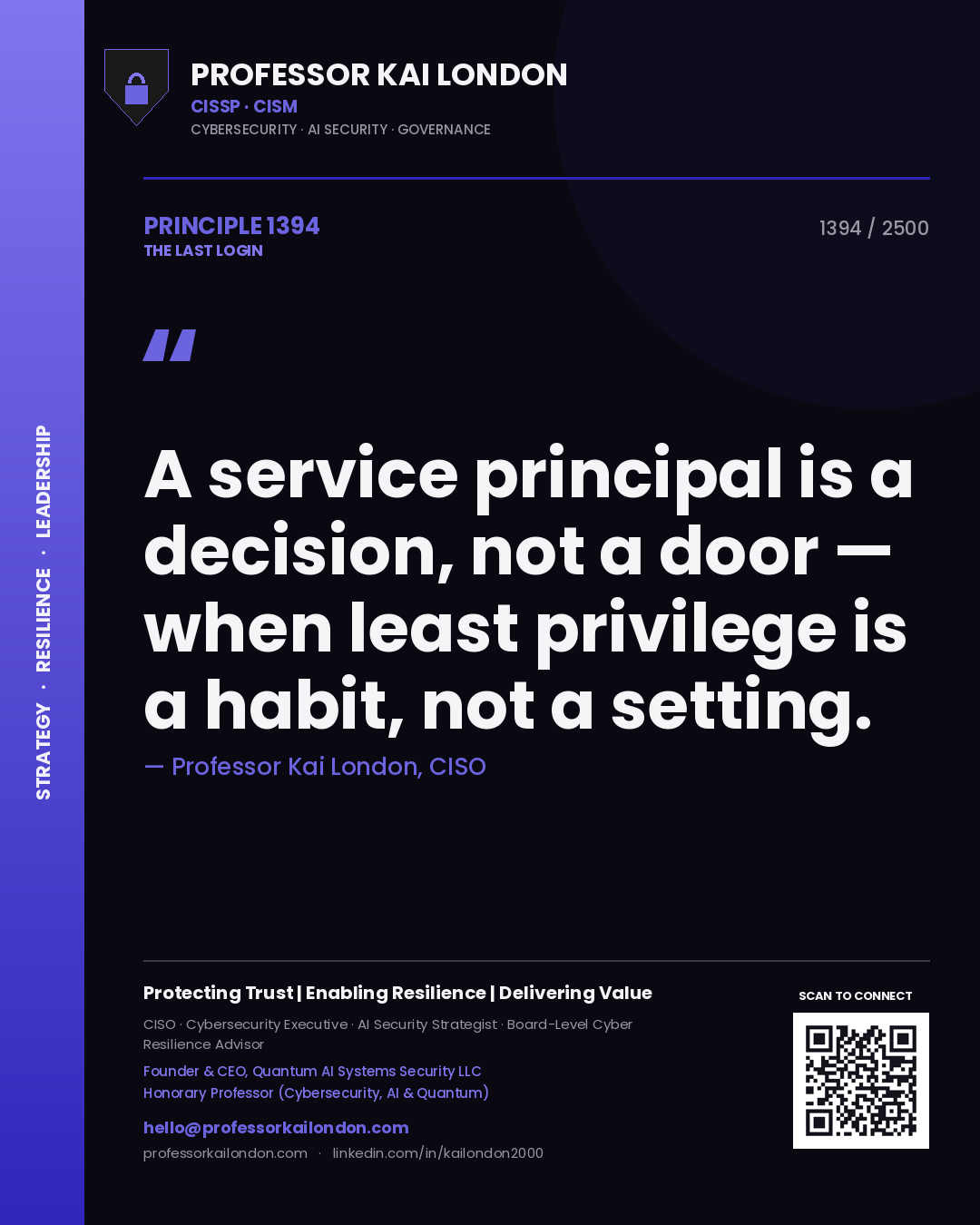 Quote card by Professor Kai London reading 'A service principal is a decision, not a door — when least privilege is a habit, not a setting.'. From the book The Last Login.