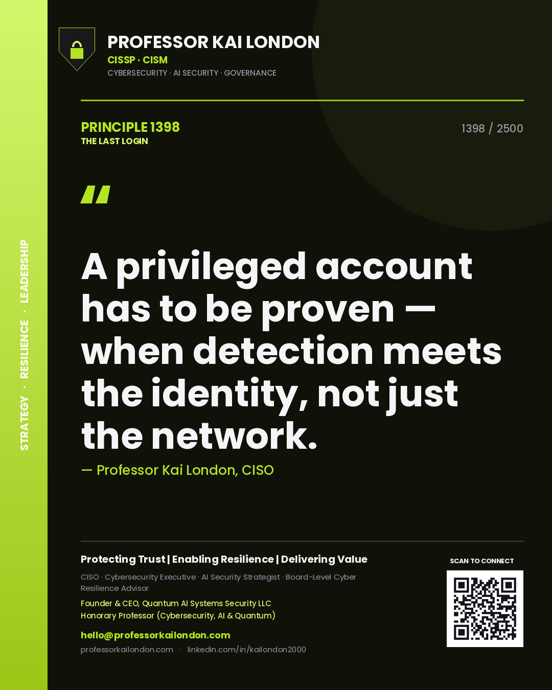 Quote card by Professor Kai London reading 'A privileged account has to be proven — when detection meets the identity, not just the network.'. From the book The Last Login.