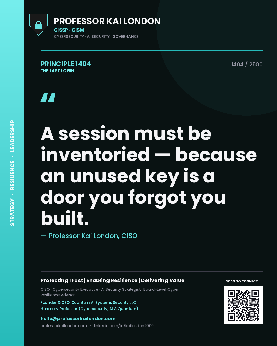 Quote card by Professor Kai London reading 'A session must be inventoried — because an unused key is a door you forgot you built.'. From the book The Last Login.